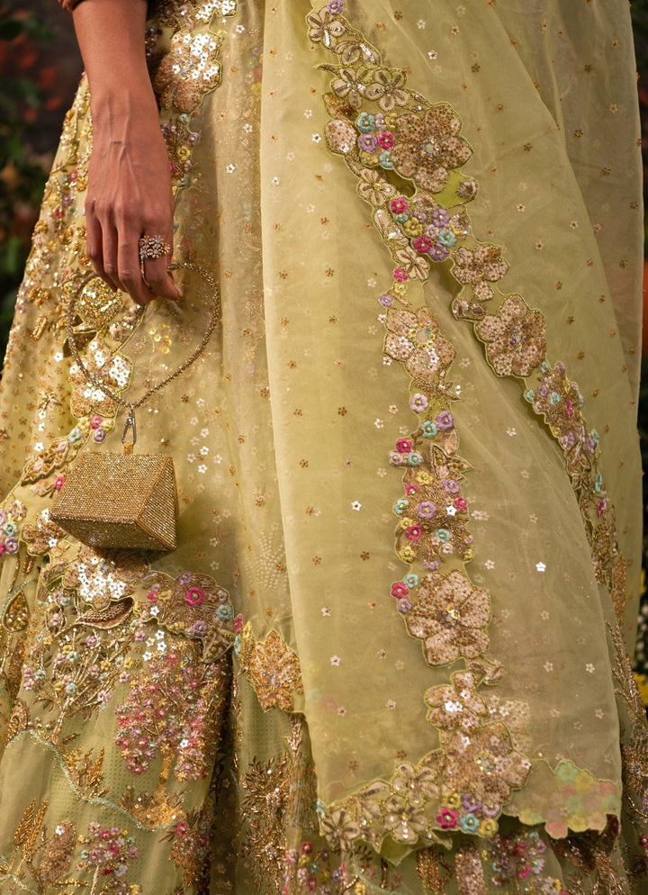 Sage Green Embroidered Organza Lehenga Set Moledro - Fabilicious Fashion