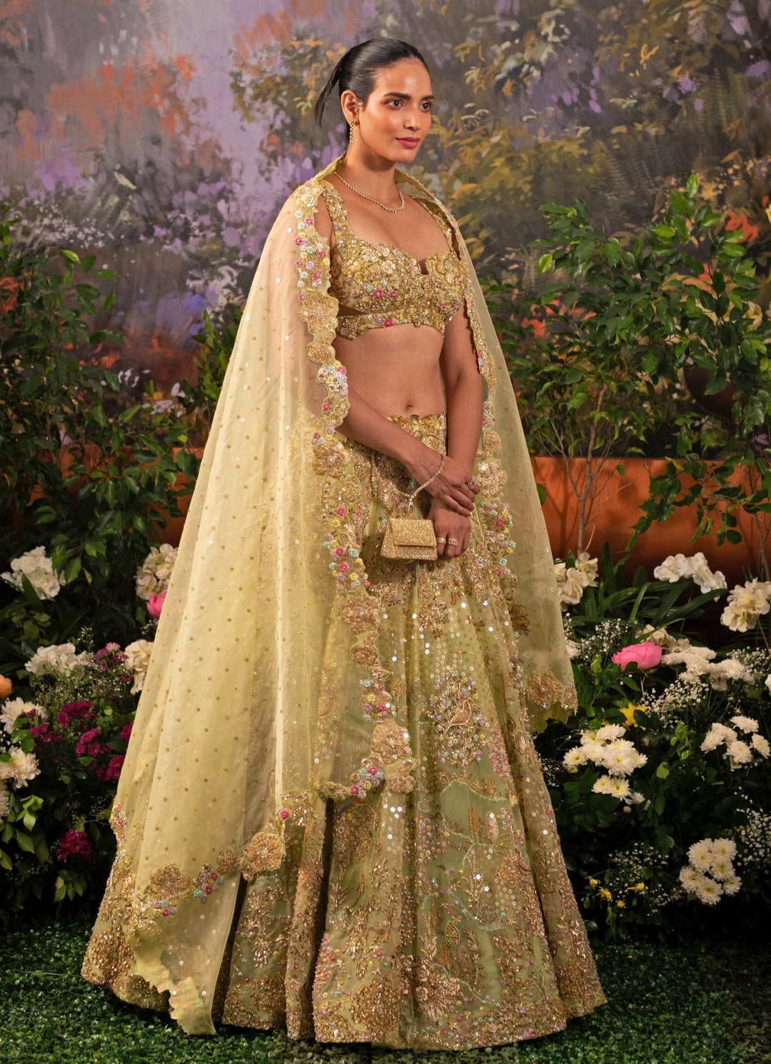 Sage Green Embroidered Organza Lehenga Set Moledro - Fabilicious Fashion