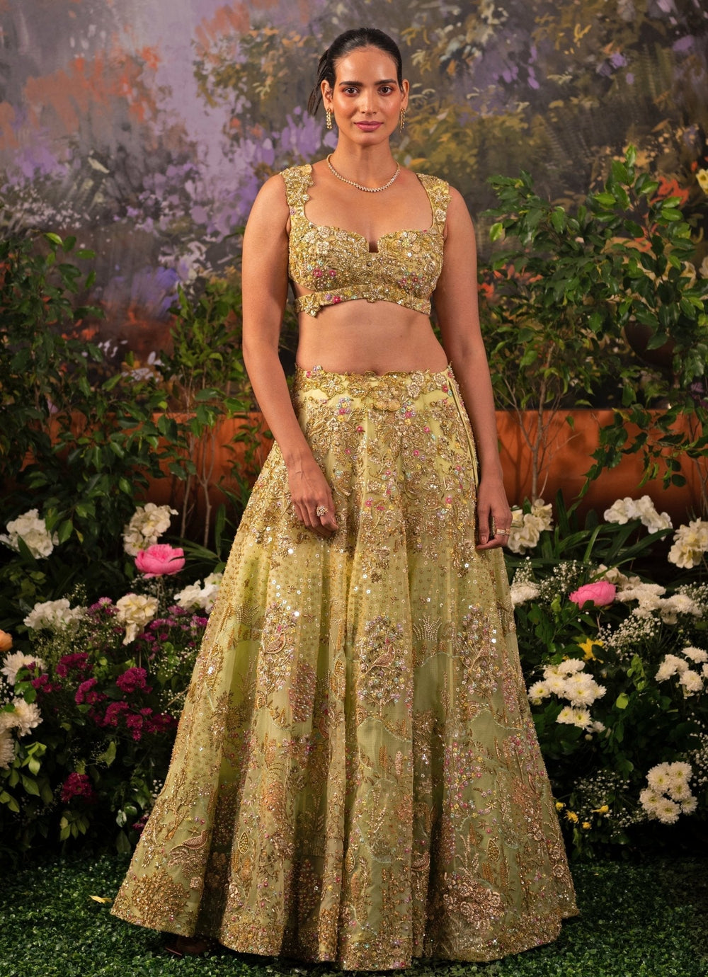 Sage Green Embroidered Organza Lehenga Set Moledro - Fabilicious Fashion