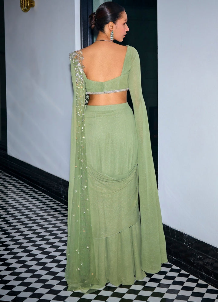 Sage Green Embroidered Shimmer Georgette Predraped Saree Sanya Gulati - Fabilicious Fashion