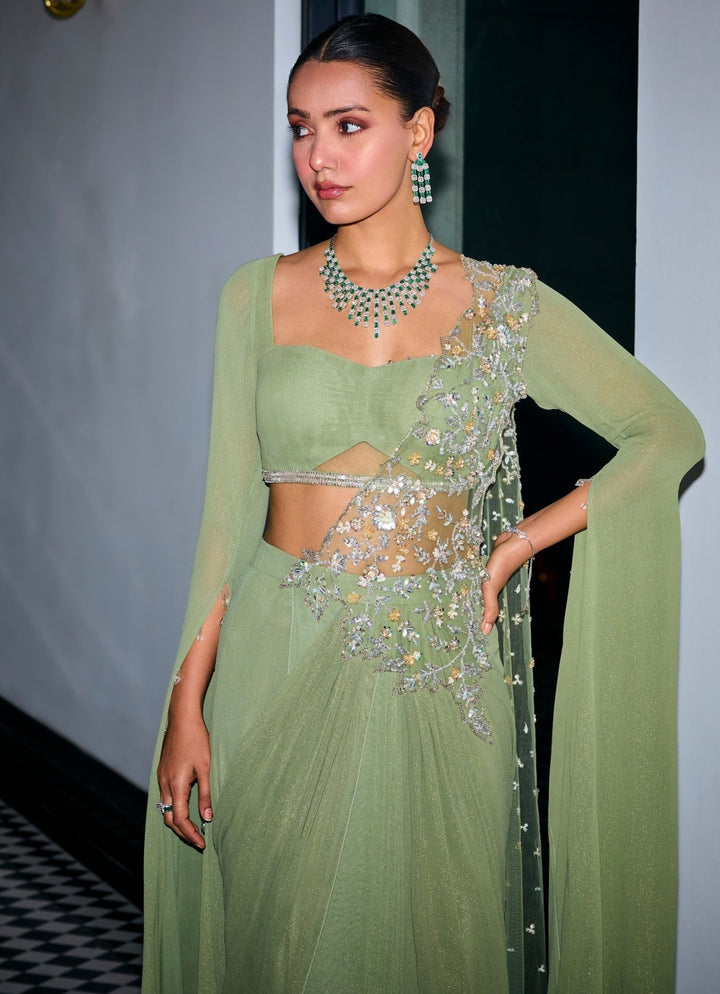Sage Green Embroidered Shimmer Georgette Predraped Saree Sanya Gulati - Fabilicious Fashion