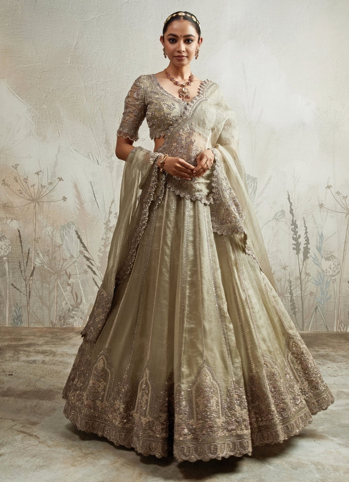 Prisho Sage Green Embroidered Tissue Lehenga SetFabilicious Fashion