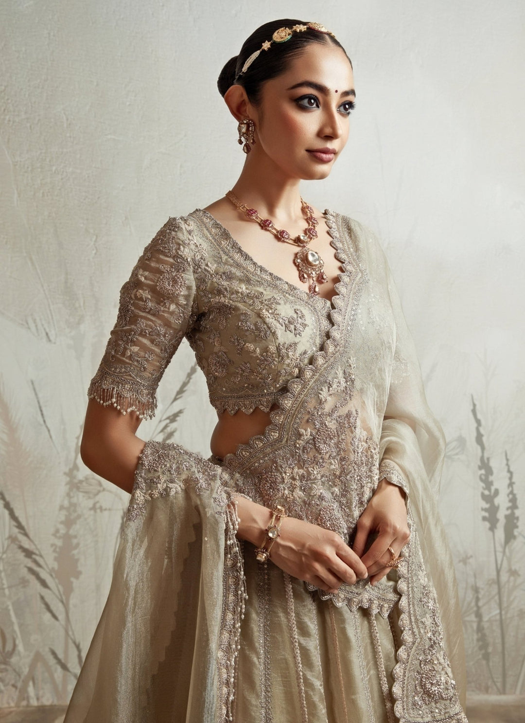 Prisho Sage Green Embroidered Tissue Lehenga SetFabilicious Fashion