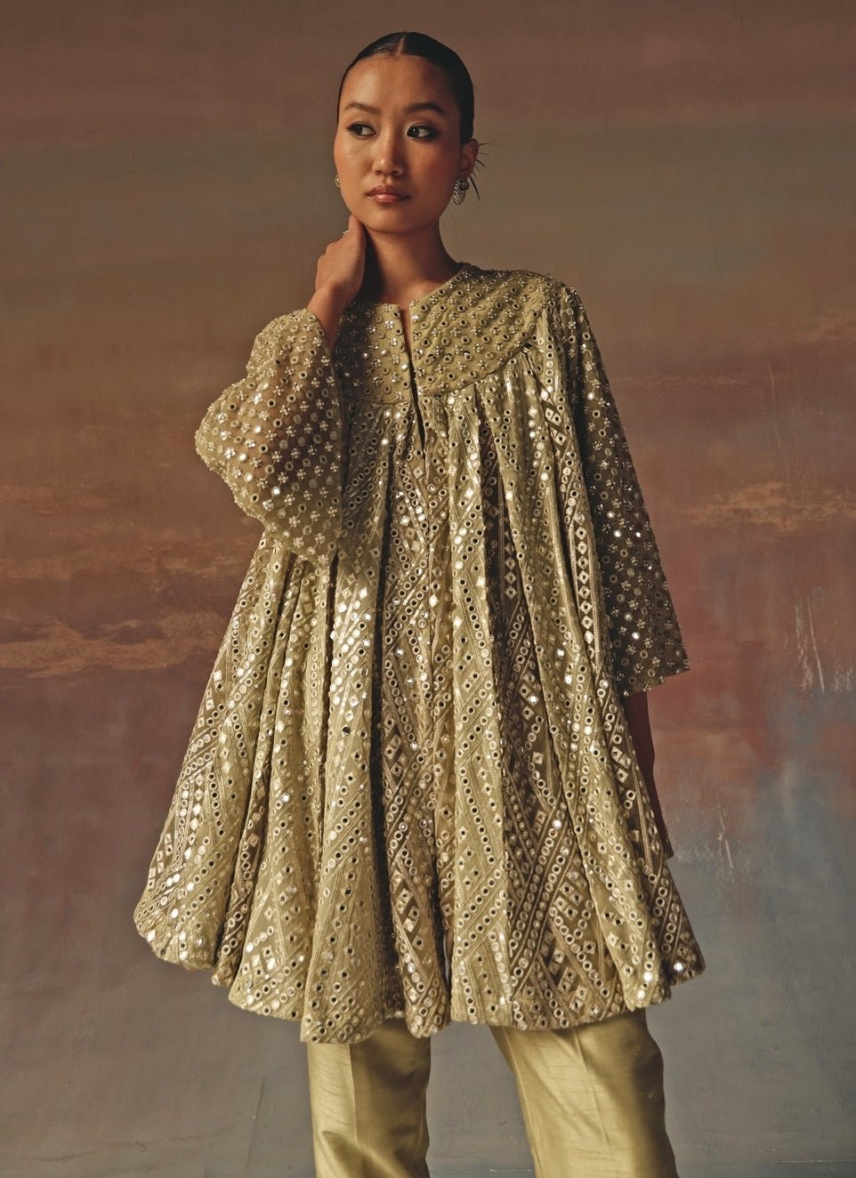 Twenty Nine Sage Green Georgette Mirrorwork Kurta PantsFabilicious Fashion