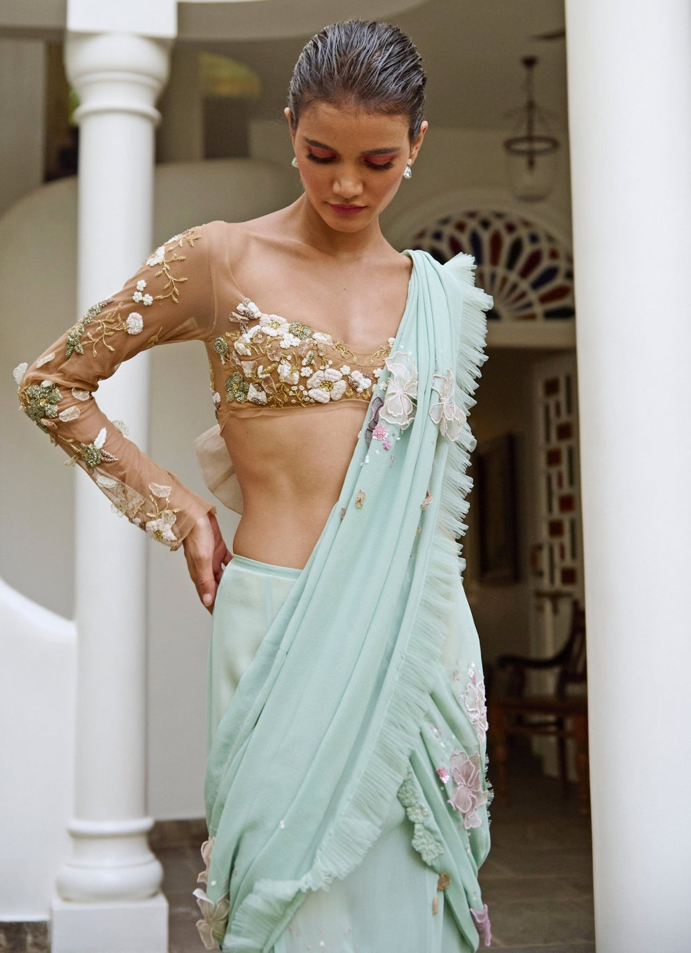 The Little Black Bow Sage Green Georgette Pre-Draped Concept SareeFabilicious Fashion