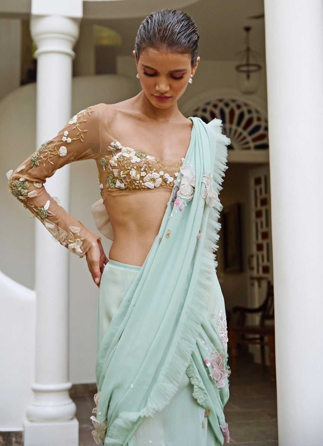 The Little Black Bow Sage Green Georgette Pre-Draped Concept SareeFabilicious Fashion