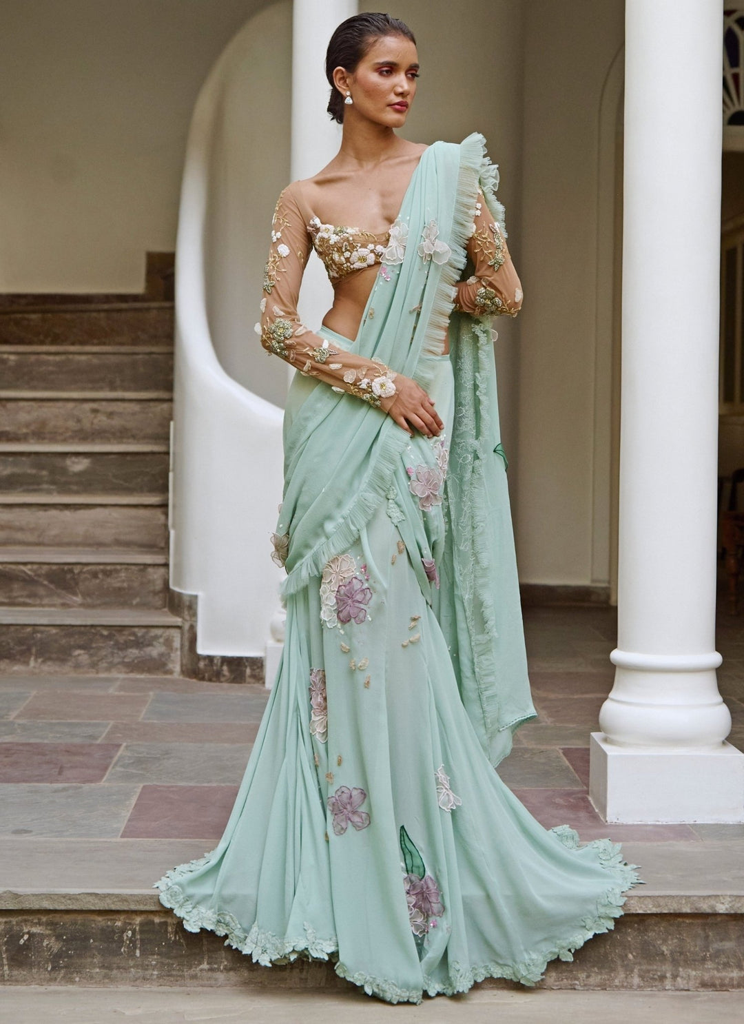 The Little Black Bow Sage Green Georgette Pre-Draped Concept SareeFabilicious Fashion
