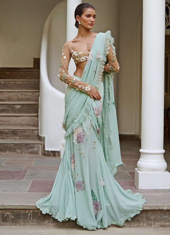The Little Black Bow Sage Green Georgette Pre-Draped Concept SareeFabilicious Fashion