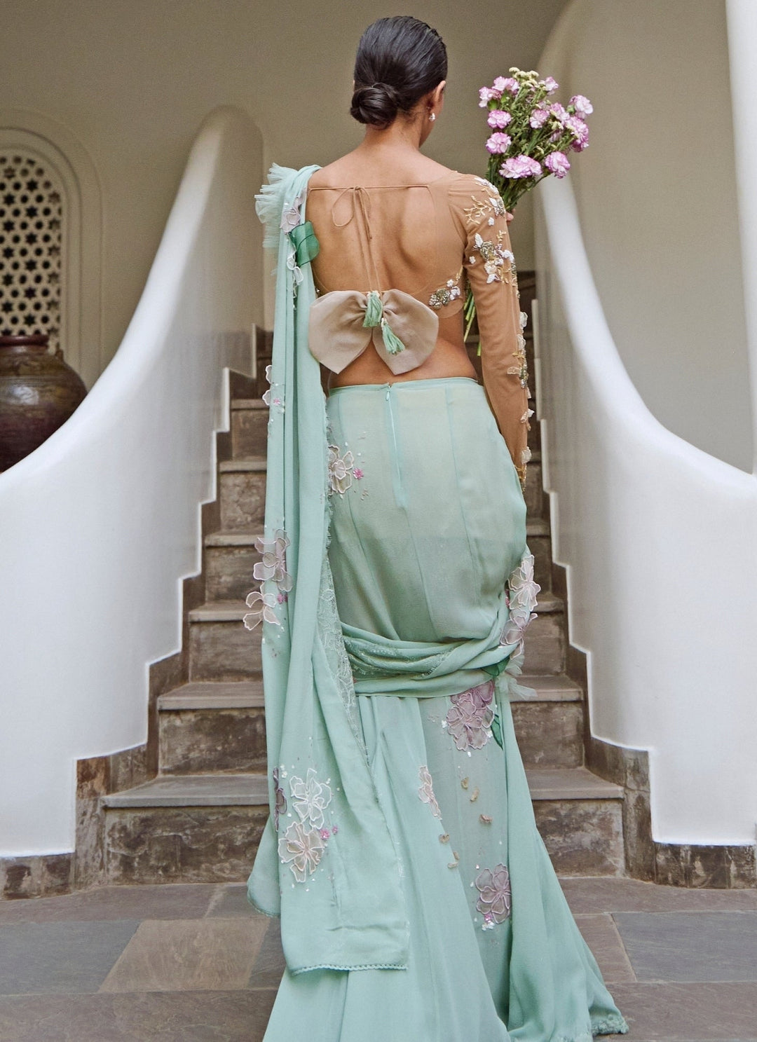 The Little Black Bow Sage Green Georgette Pre-Draped Concept SareeFabilicious Fashion