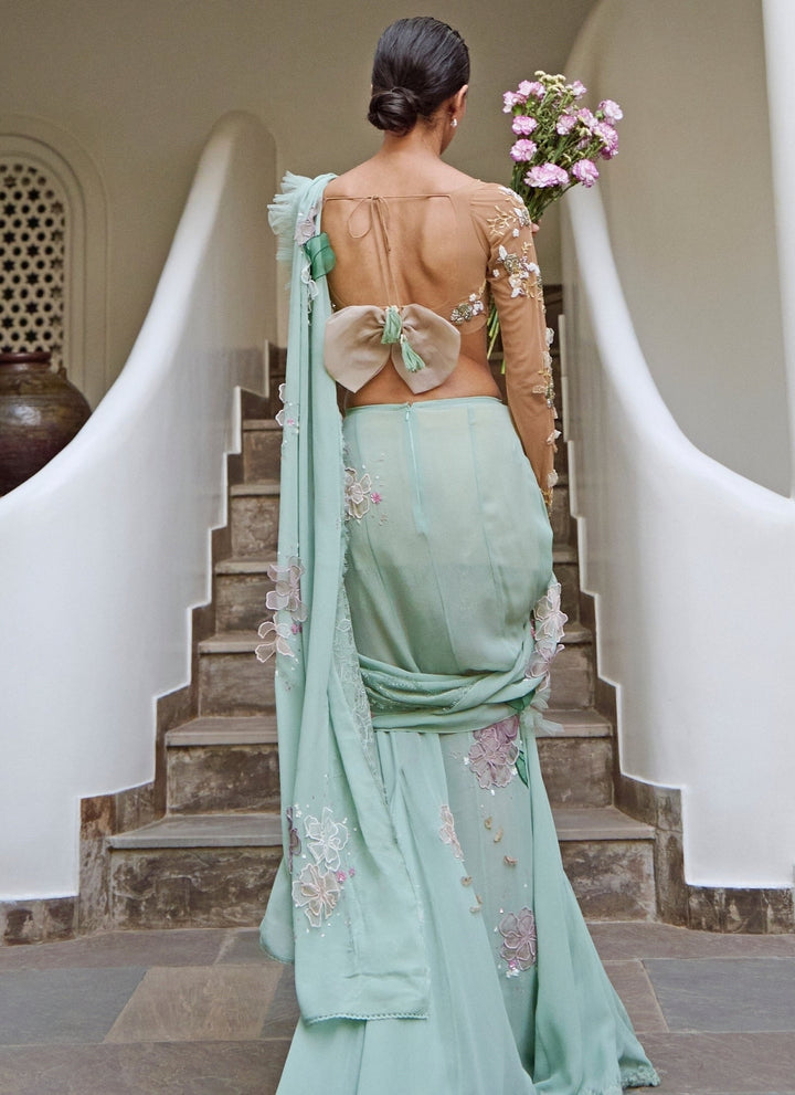 The Little Black Bow Sage Green Georgette Pre-Draped Concept SareeFabilicious Fashion