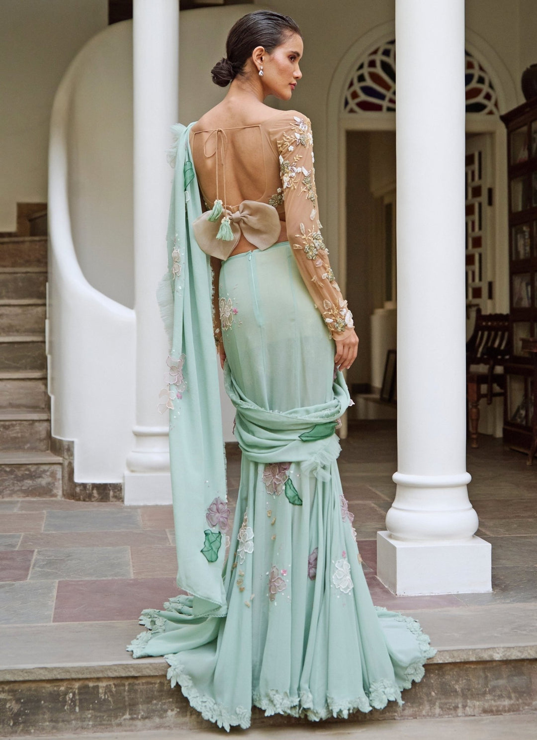 The Little Black Bow Sage Green Georgette Pre-Draped Concept SareeFabilicious Fashion