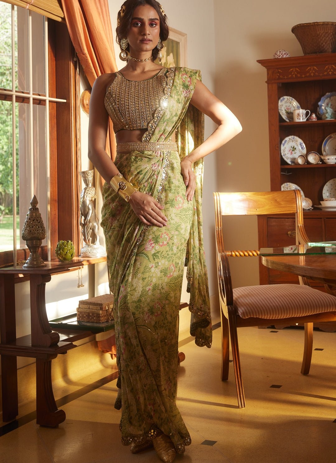 Sage Green Georgette Predraped Saree Paulmi and Harsh - Fabilicious Fashion