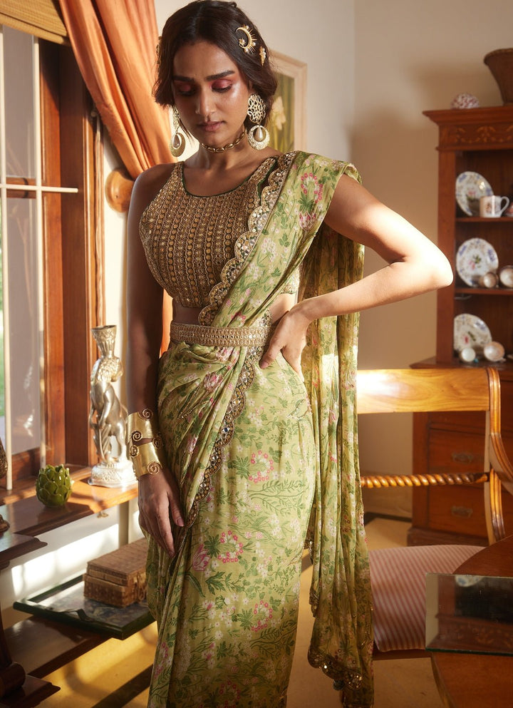 Sage Green Georgette Predraped Saree Paulmi and Harsh - Fabilicious Fashion