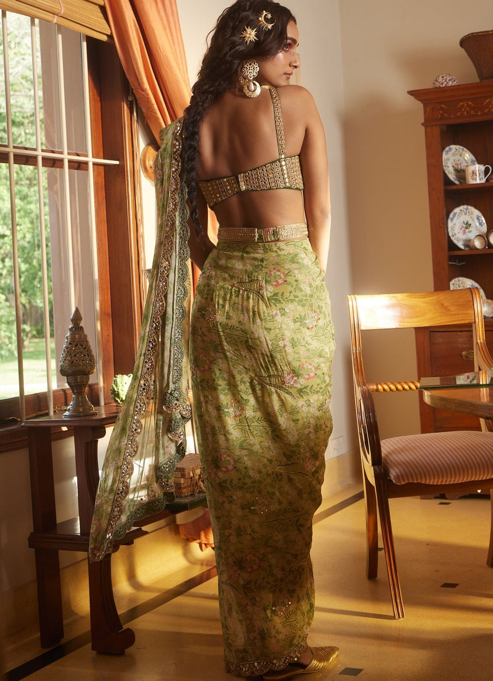 Sage Green Georgette Predraped Saree Paulmi and Harsh - Fabilicious Fashion
