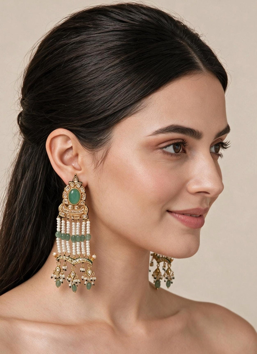 Vivinia By Vidhi Mehra Sage Green Kundan And Pearl EarringsFabilicious Fashion