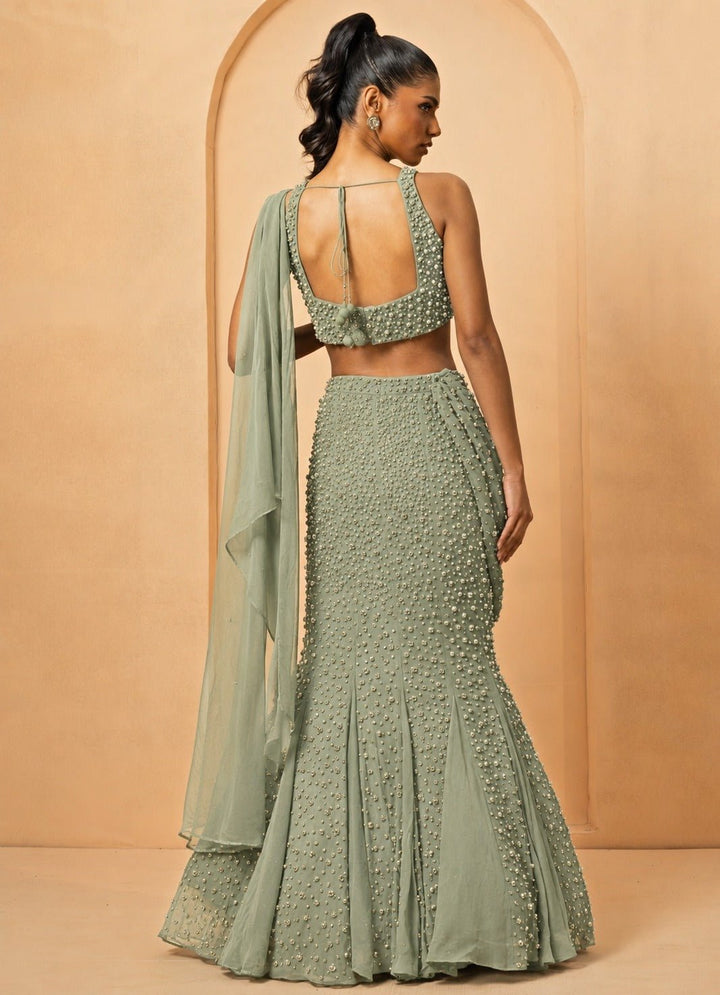 Quench A Thirst Sage Green Mermaid Georgette Lehenga With Twisted DupattaFabilicious Fashion