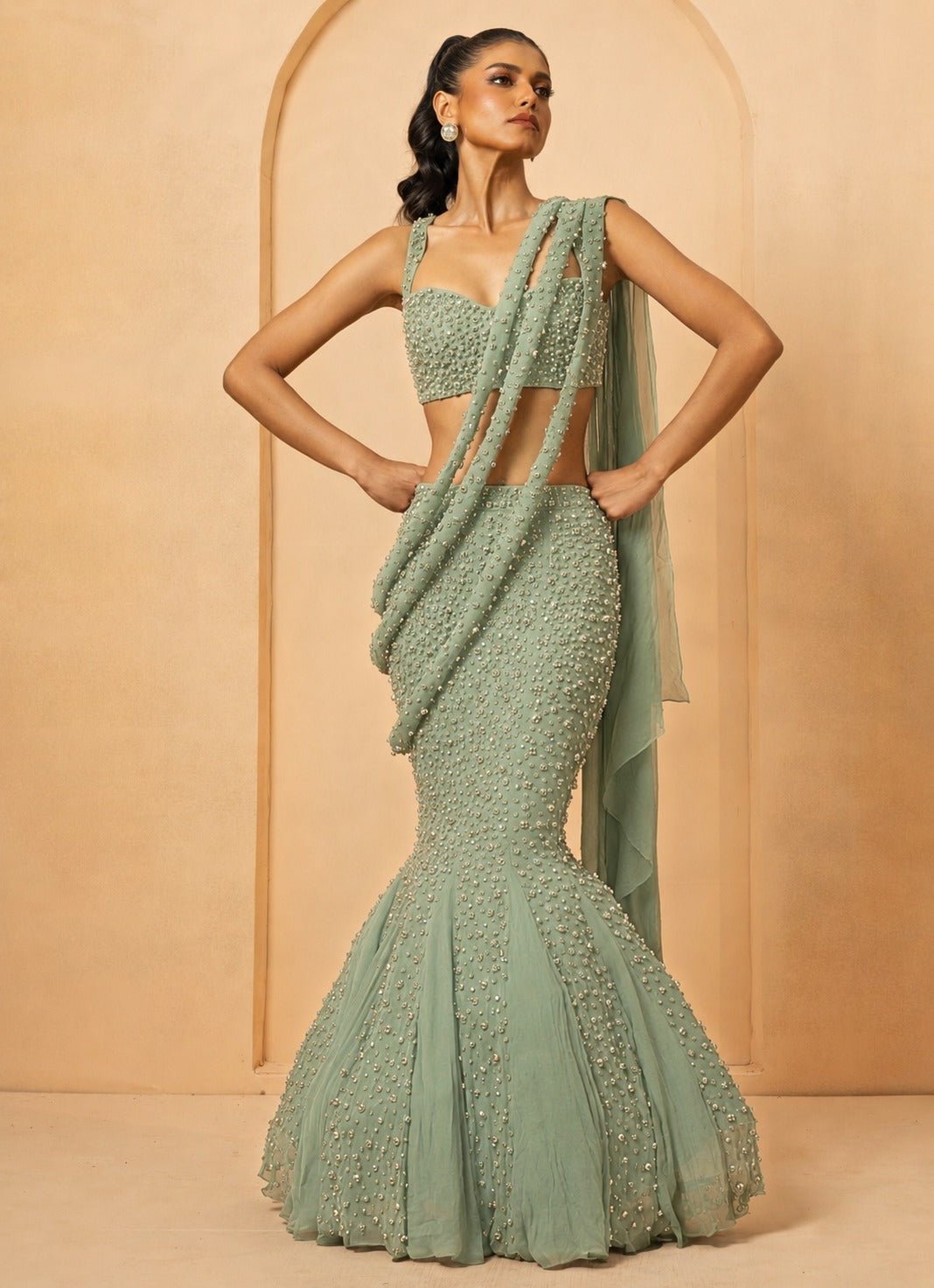 Quench A Thirst Sage Green Mermaid Georgette Lehenga With Twisted DupattaFabilicious Fashion