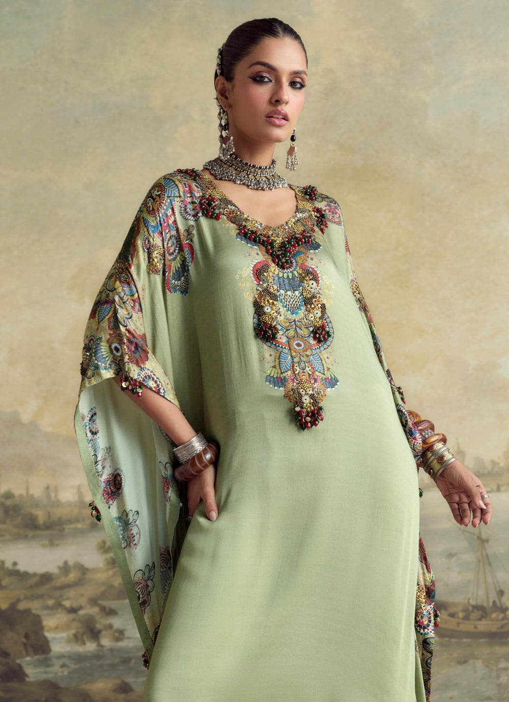 Prisho Sage Green Modal Satin Kaftan Pants SetFabilicious Fashion