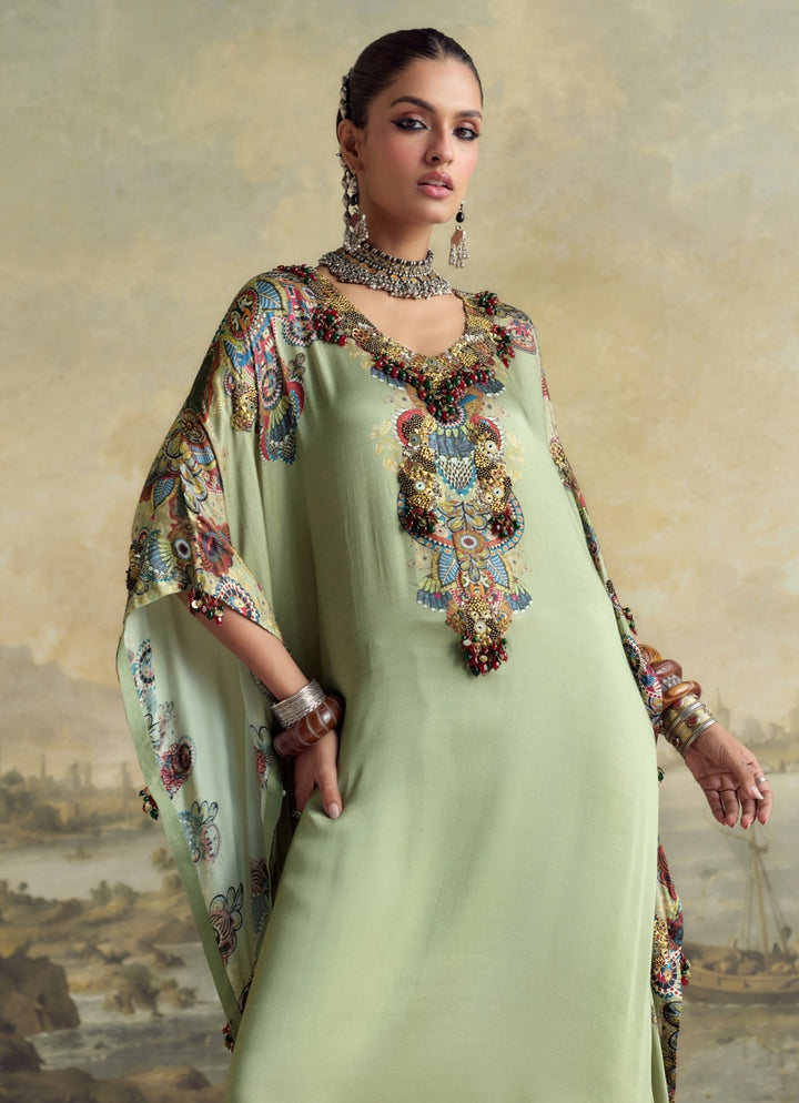 Prisho Sage Green Modal Satin Kaftan Pants SetFabilicious Fashion