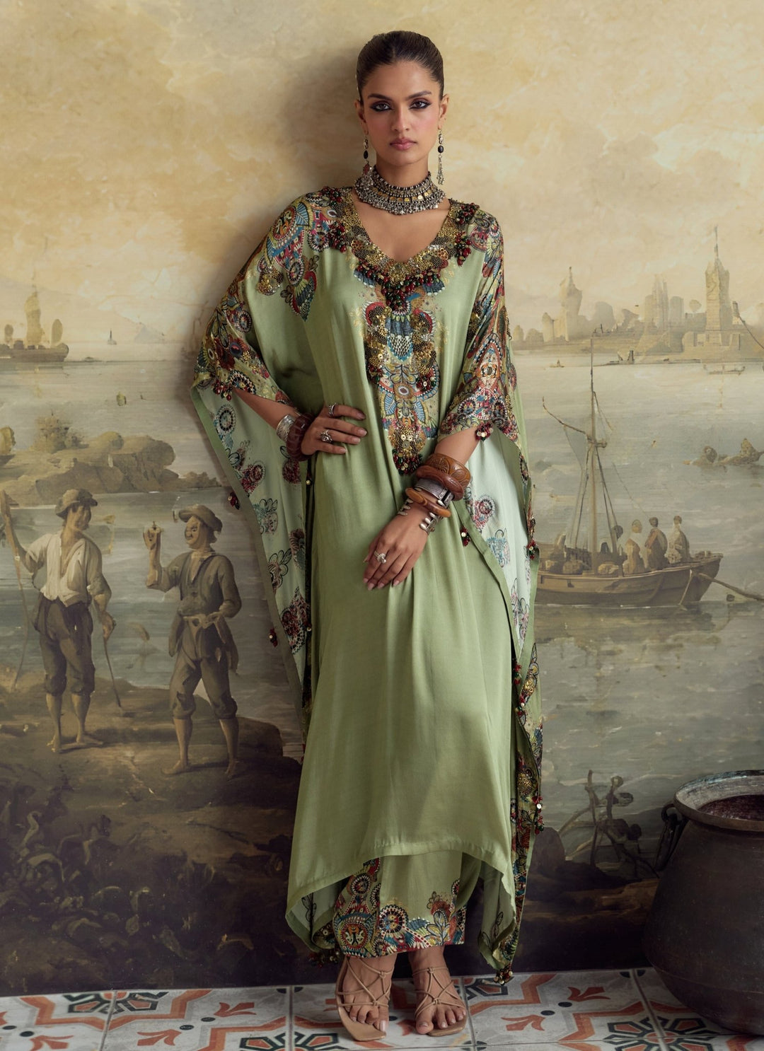 Prisho Sage Green Modal Satin Kaftan Pants SetFabilicious Fashion
