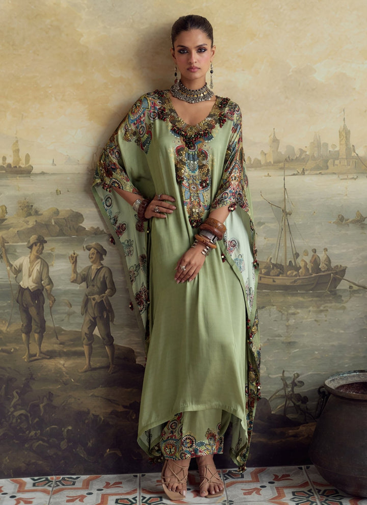 Prisho Sage Green Modal Satin Kaftan Pants SetFabilicious Fashion