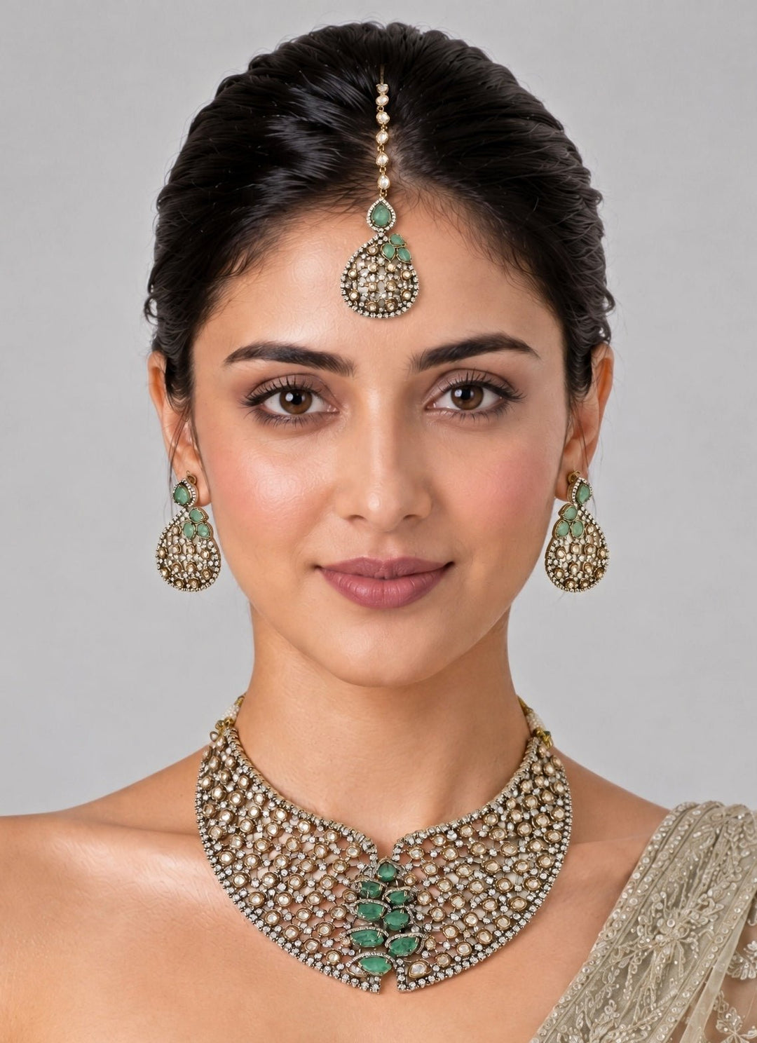 Vivinia By Vidhi Mehra Sage Green Moissanite Polki Necklace SetFabilicious Fashion