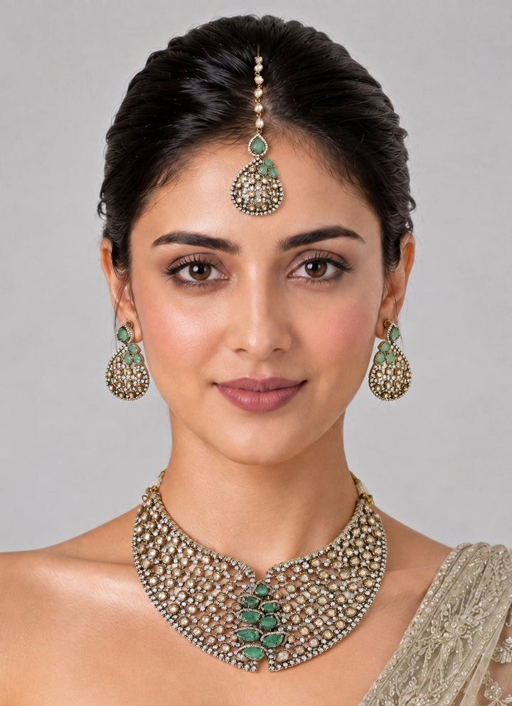 Vivinia By Vidhi Mehra Sage Green Moissanite Polki Necklace SetFabilicious Fashion