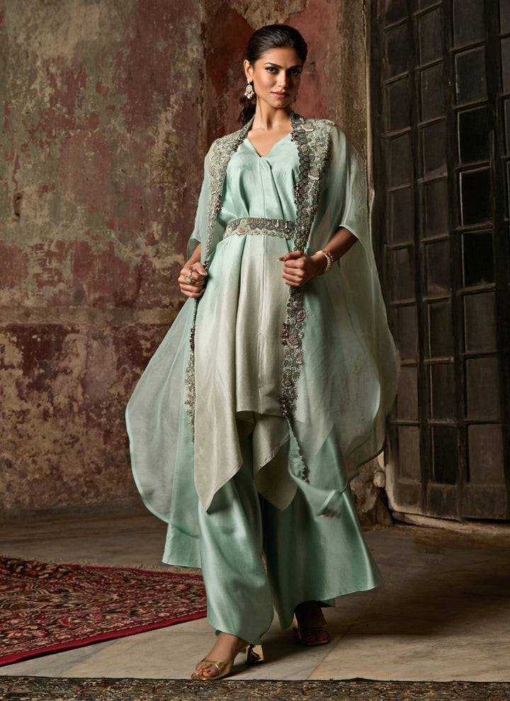 Prisho Sage Green Ombre Kurta Pants Set With CapeFabilicious Fashion