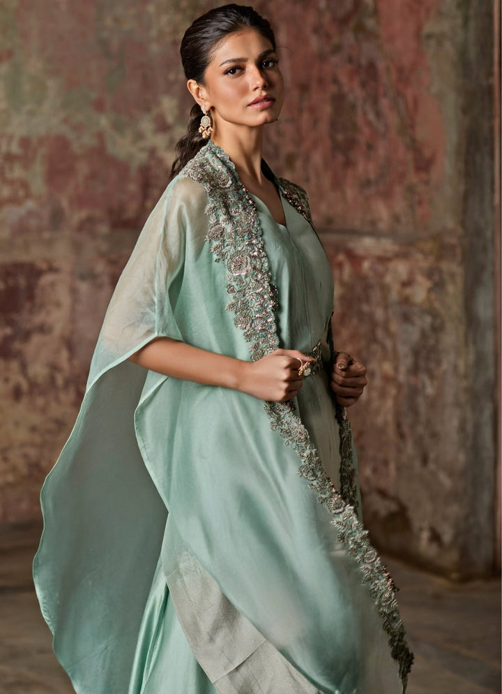 Prisho Sage Green Ombre Kurta Pants Set With CapeFabilicious Fashion