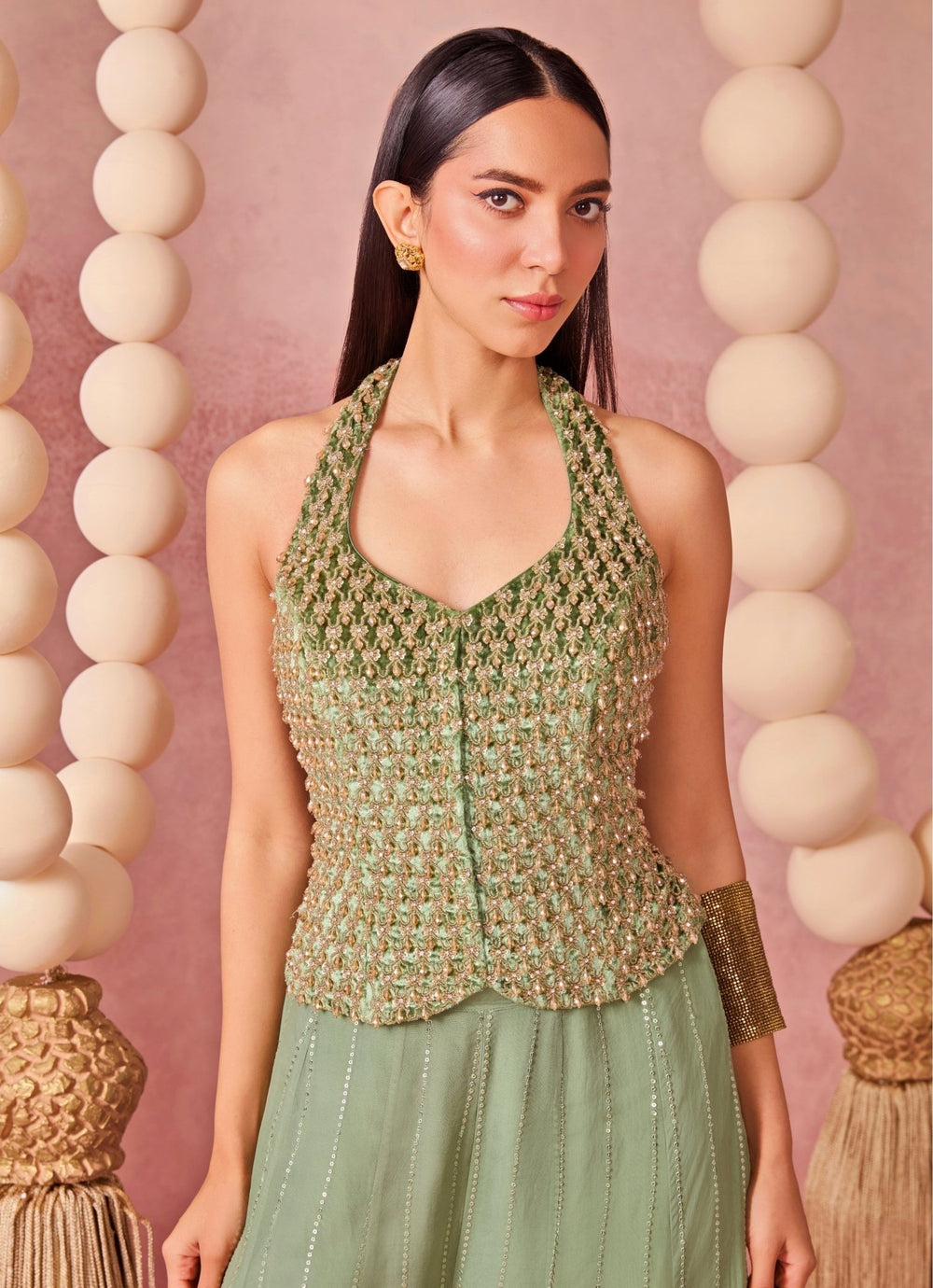 Chamee And Palak Sage Green Organza Flared Pants Set With CorsetFabilicious Fashion