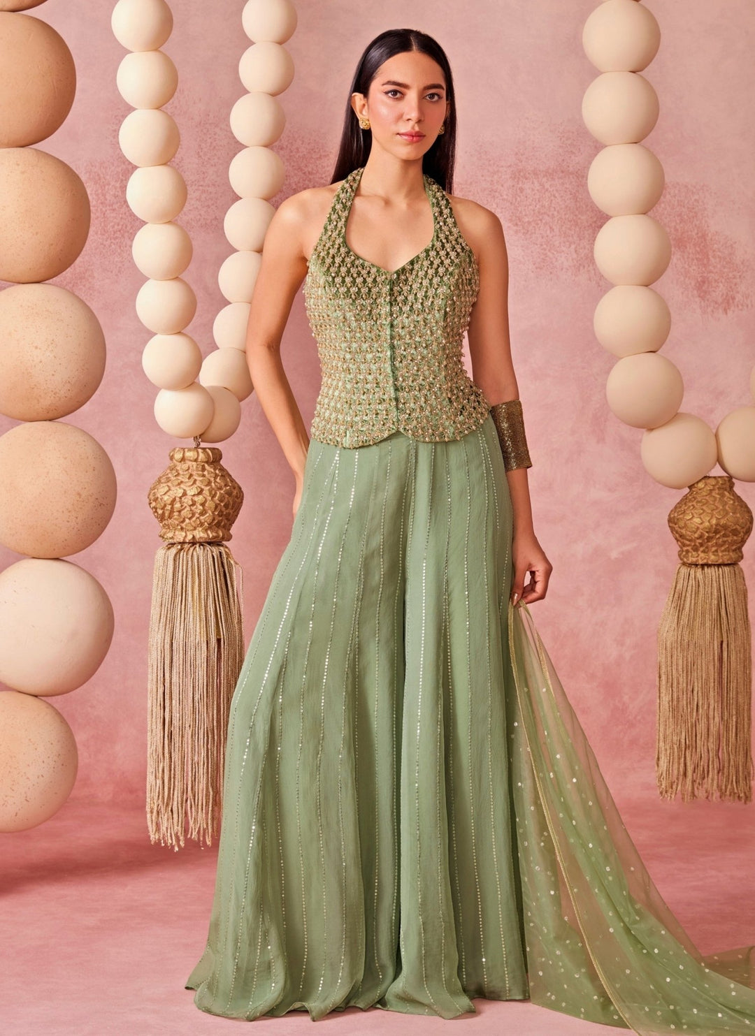 Chamee And Palak Sage Green Organza Flared Pants Set With CorsetFabilicious Fashion