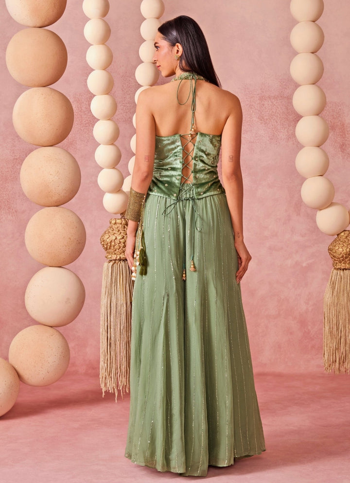 Chamee And Palak Sage Green Organza Flared Pants Set With CorsetFabilicious Fashion