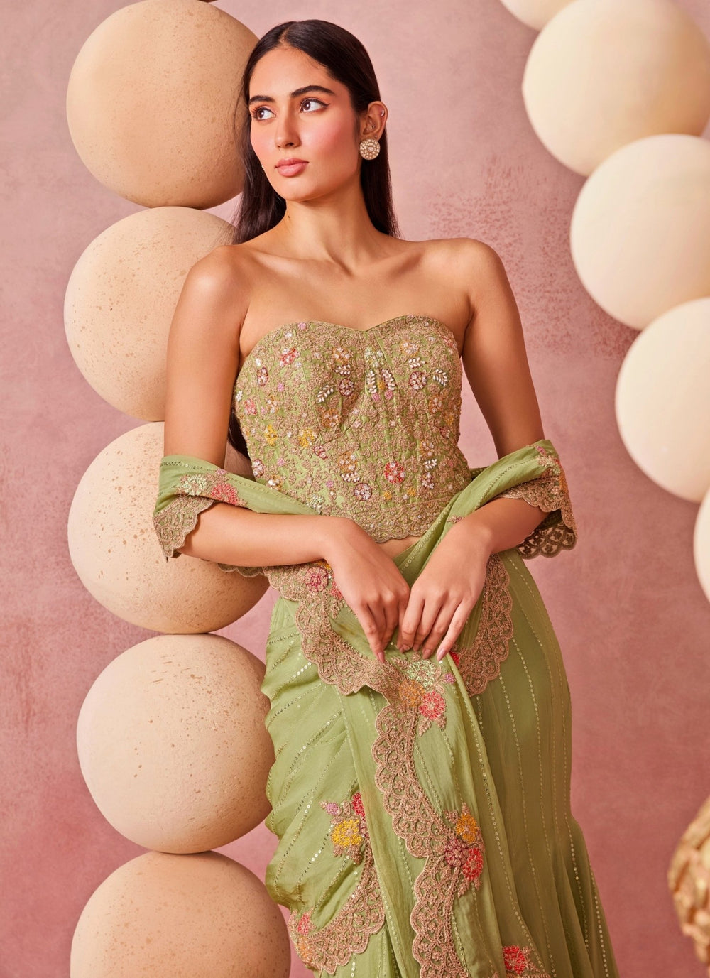 Chamee And Palak Sage Green Organza Pre-Draped Saree With CorsetFabilicious Fashion