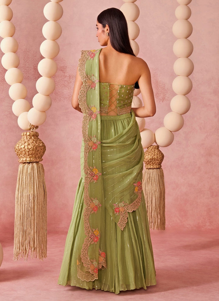 Chamee And Palak Sage Green Organza Pre-Draped Saree With CorsetFabilicious Fashion