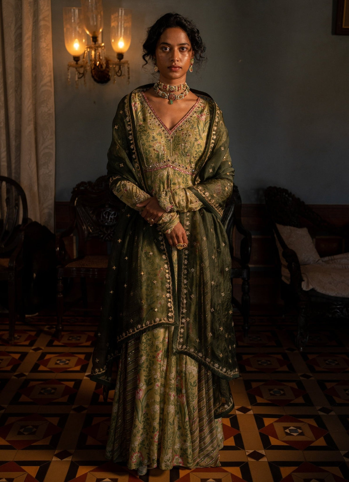 Paulmi and Harsh Sage Green Printed Anarkali Set for a henna night in Saudi Arabia