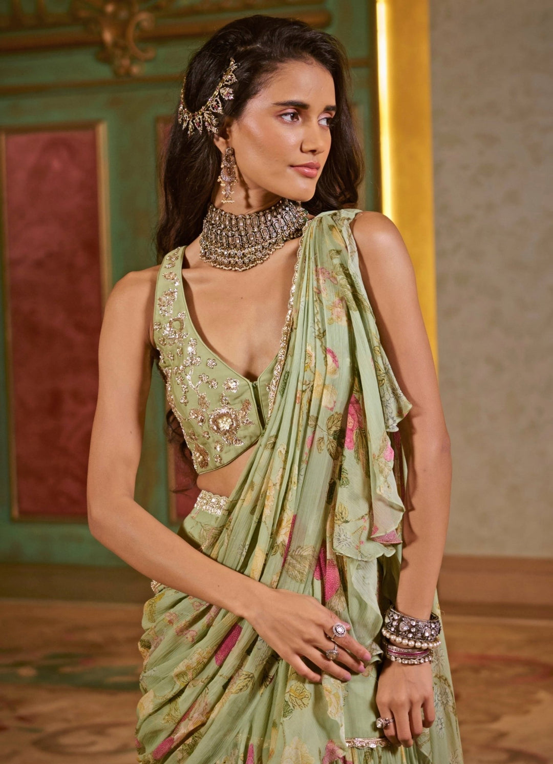 Sage Green Printed Chiffon Pre - Draped Saree Paulmi and Harsh - Fabilicious Fashion