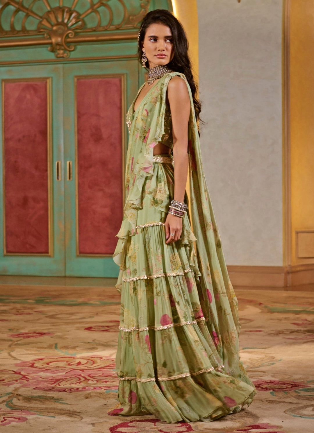 Sage Green Printed Chiffon Pre - Draped Saree Paulmi and Harsh - Fabilicious Fashion