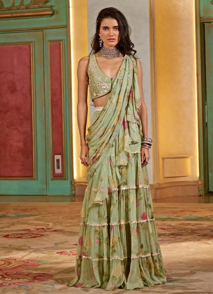 Sage Green Printed Chiffon Pre - Draped Saree Paulmi and Harsh - Fabilicious Fashion