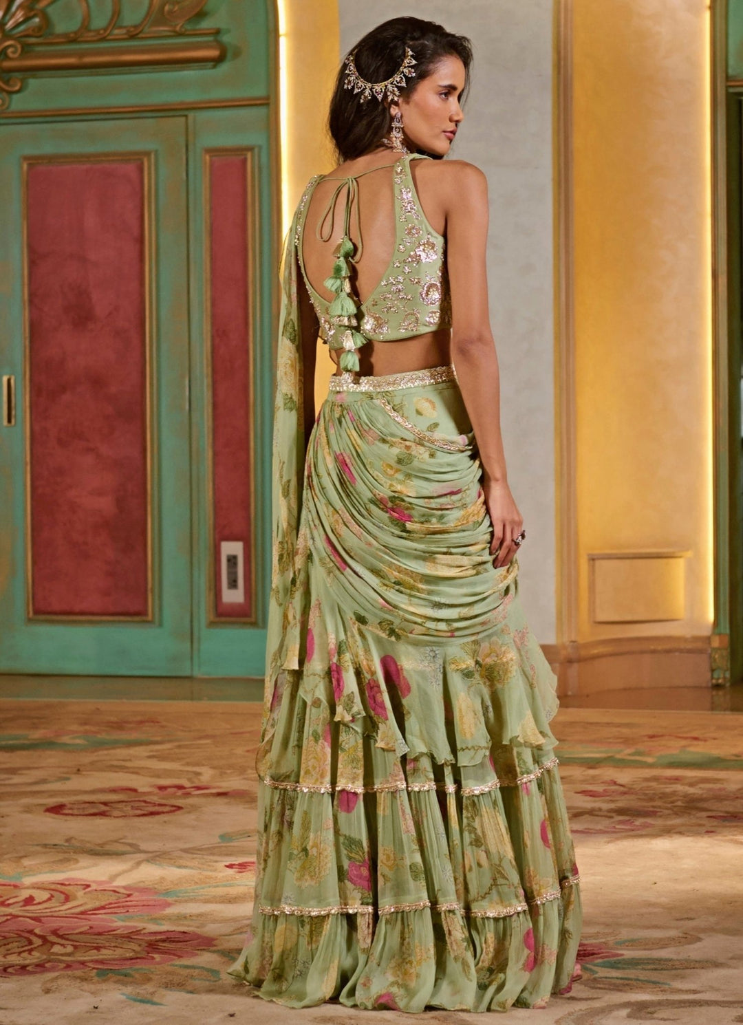 Sage Green Printed Chiffon Pre - Draped Saree Paulmi and Harsh - Fabilicious Fashion
