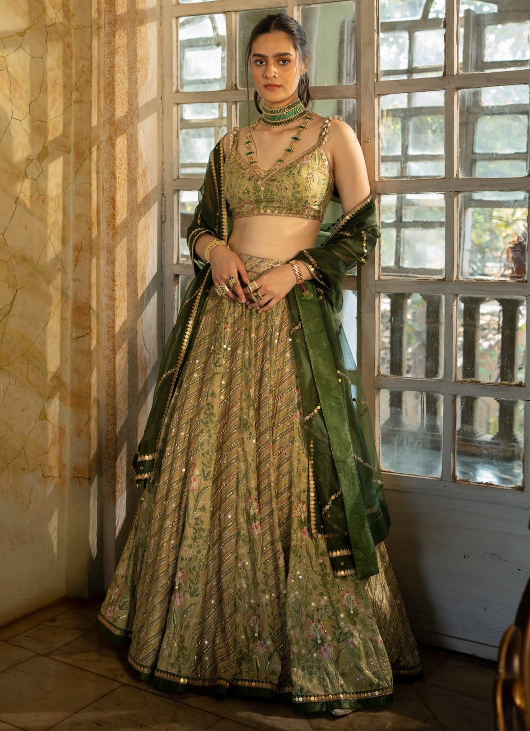 Sage Green Printed Cotton Silk Lehenga Set Paulmi and Harsh - Fabilicious Fashion