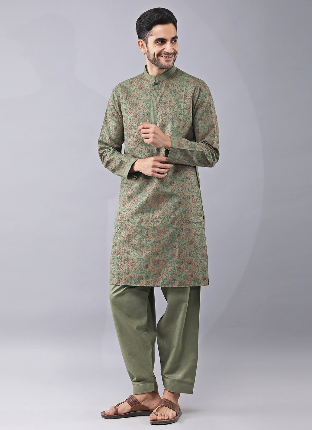 Sage Green Printed Silk Kurta Pants Set Manish Nagdeo Men - Fabilicious Fashion