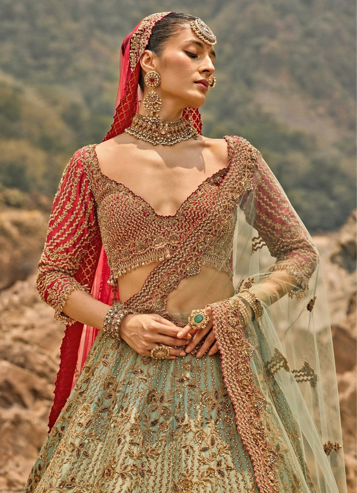 Nitika Gujral Sage Green Raw Silk Bridal Lehenga SetFabilicious Fashion