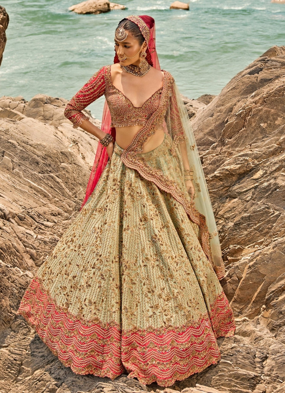 Nitika Gujral Sage Green Raw Silk Bridal Lehenga SetFabilicious Fashion
