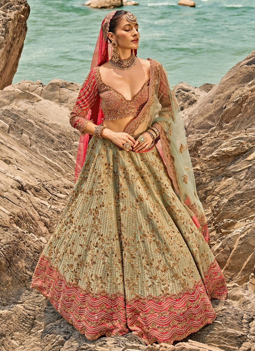 Nitika Gujral Sage Green Raw Silk Bridal Lehenga SetFabilicious Fashion