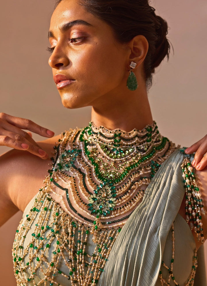 Nitika Gujral Sage Green Satin Pre Draped SareeFabilicious Fashion