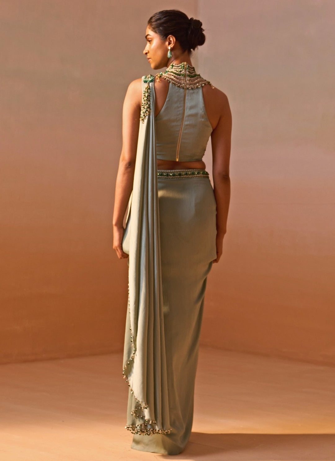 Nitika Gujral Sage Green Satin Pre Draped SareeFabilicious Fashion