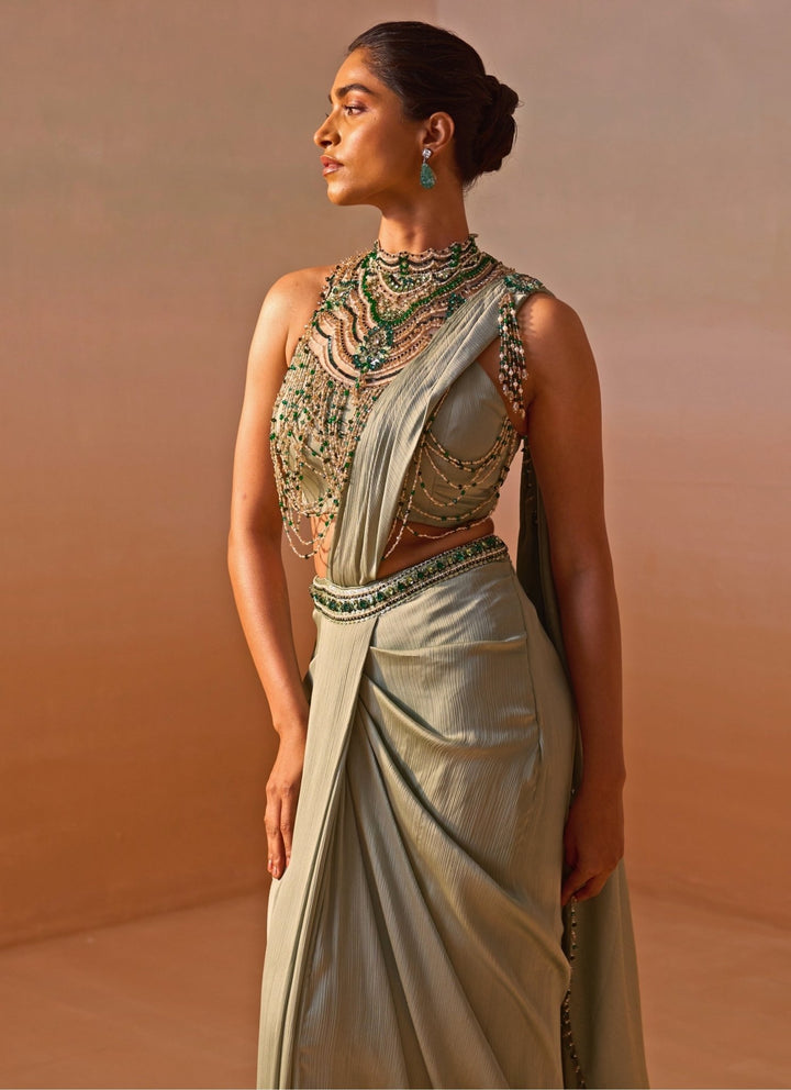Nitika Gujral Sage Green Satin Pre Draped SareeFabilicious Fashion