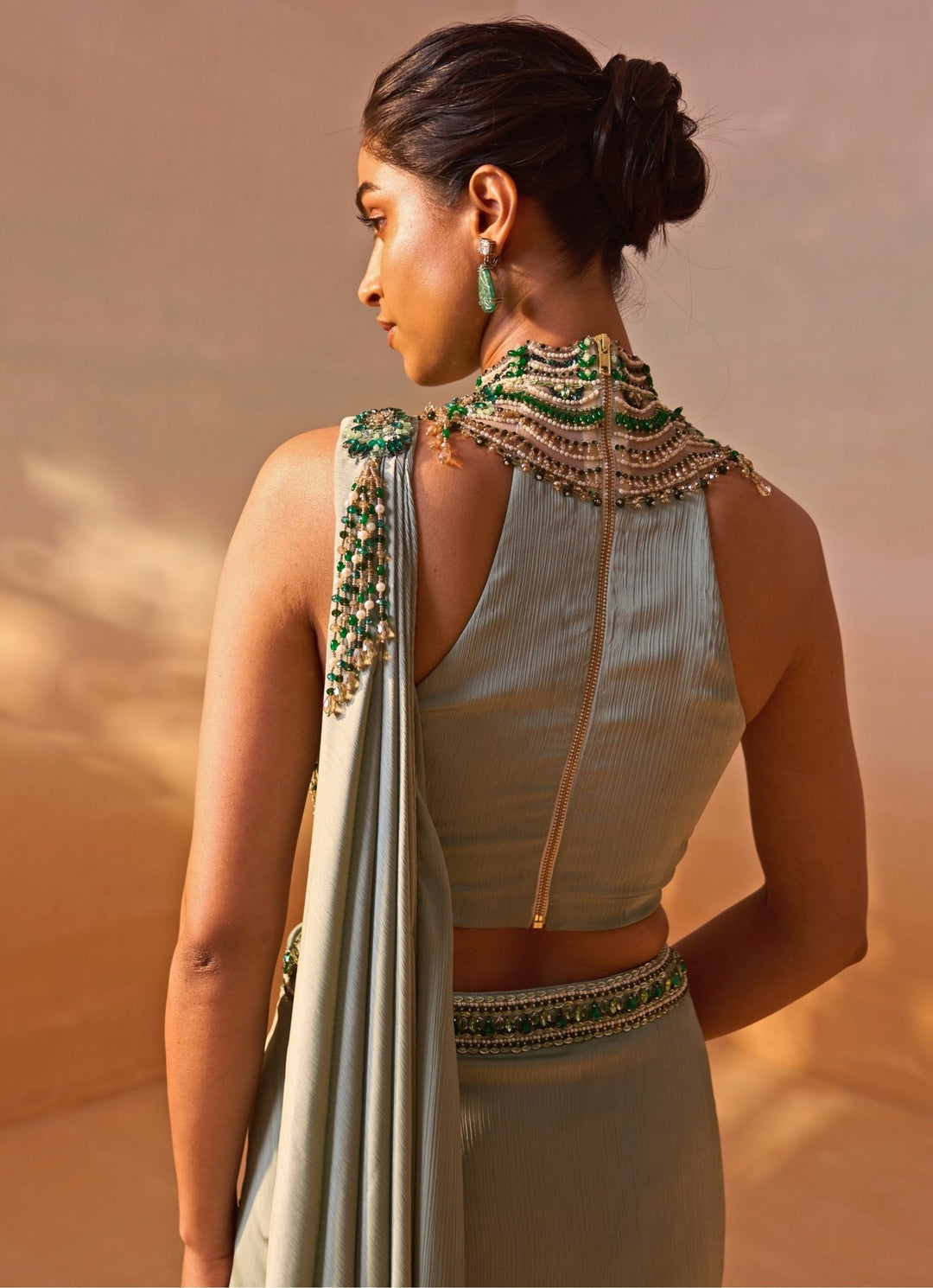Nitika Gujral Sage Green Satin Pre Draped SareeFabilicious Fashion