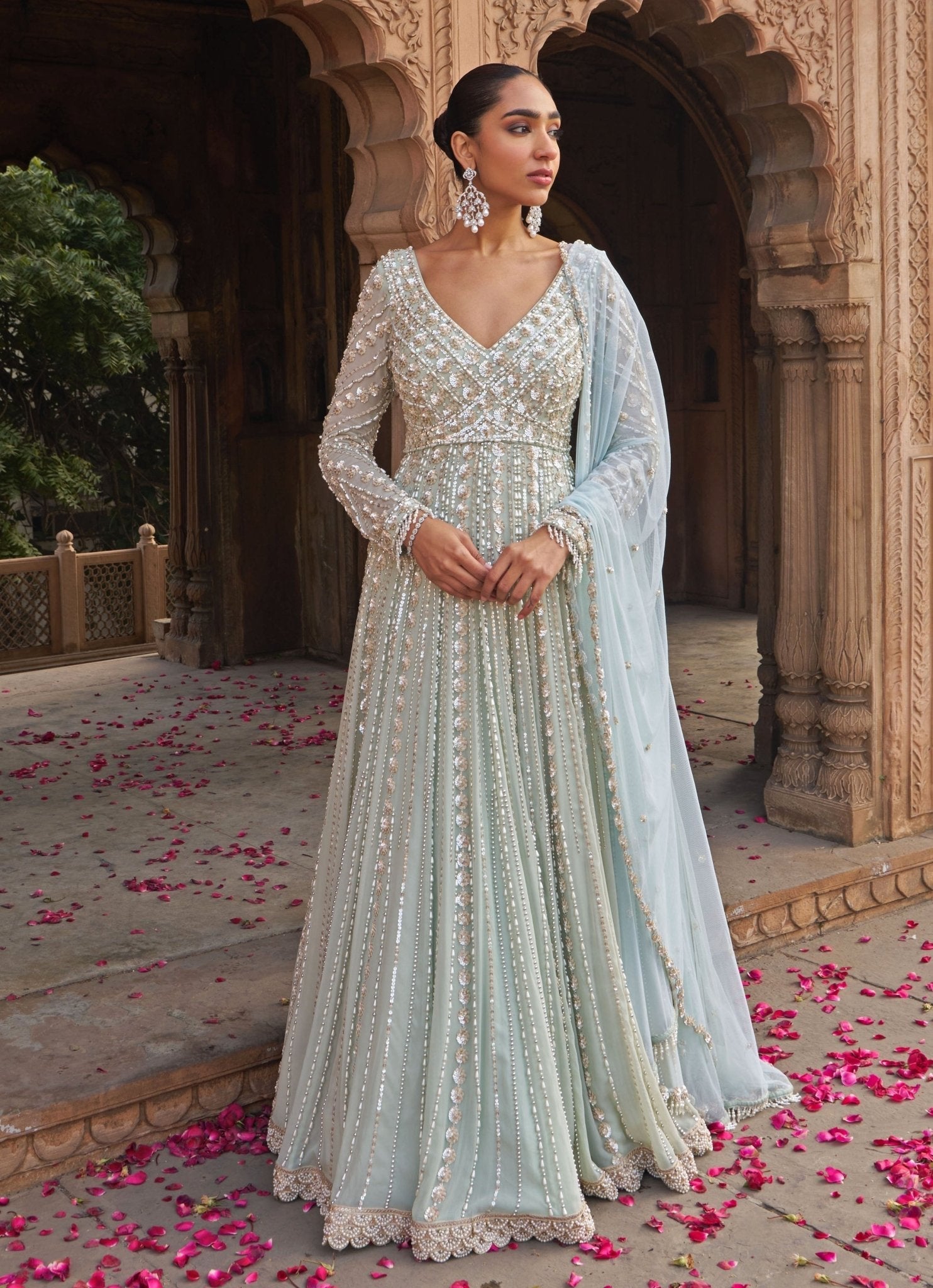Sage green sequin and pearl embroidered anarkali for Eid outfits with subtle sparkle