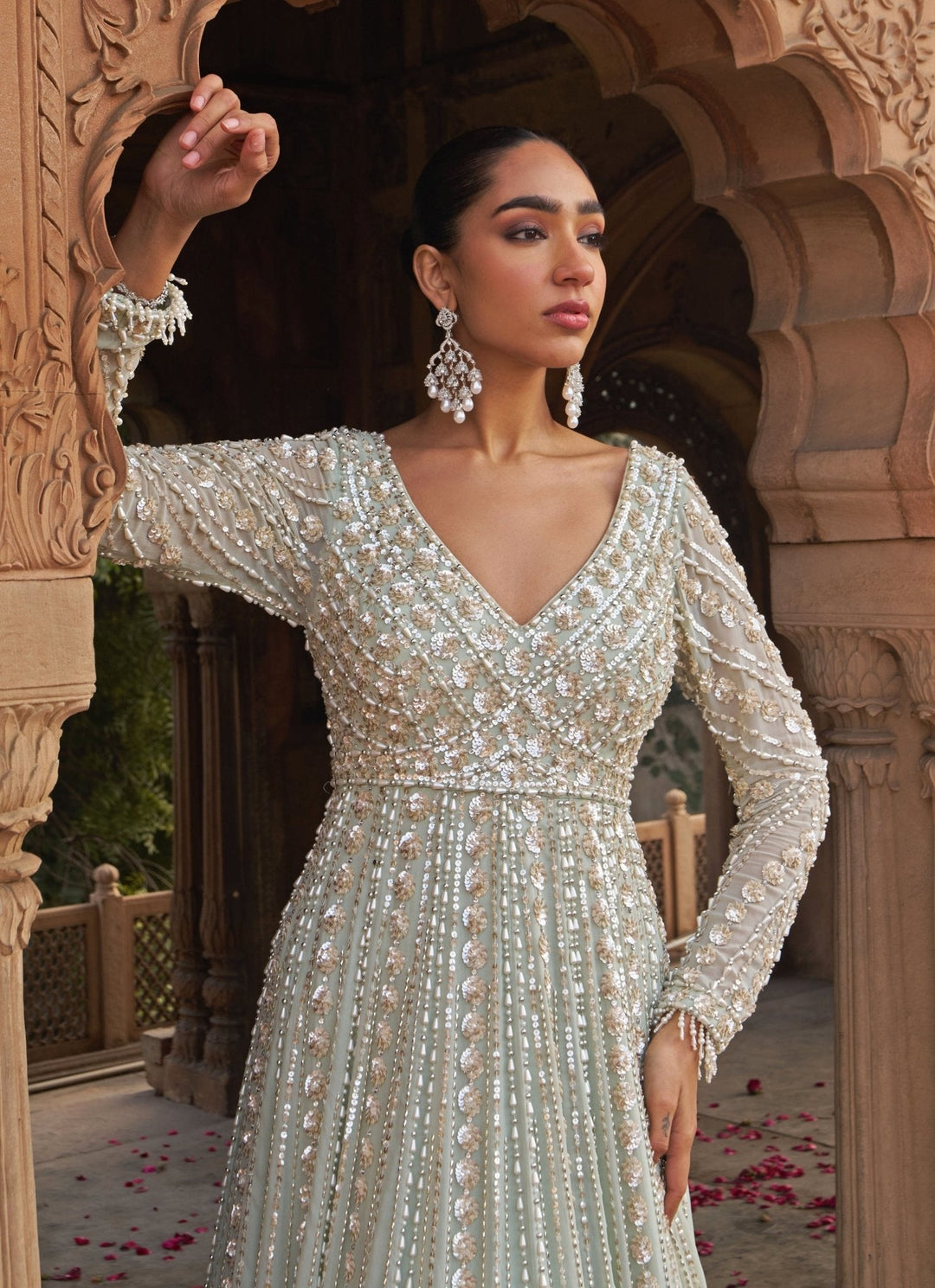 Sage Green Sequin And Pearl Embroidered Anarkali Nidhika Shekhar - Fabilicious Fashion